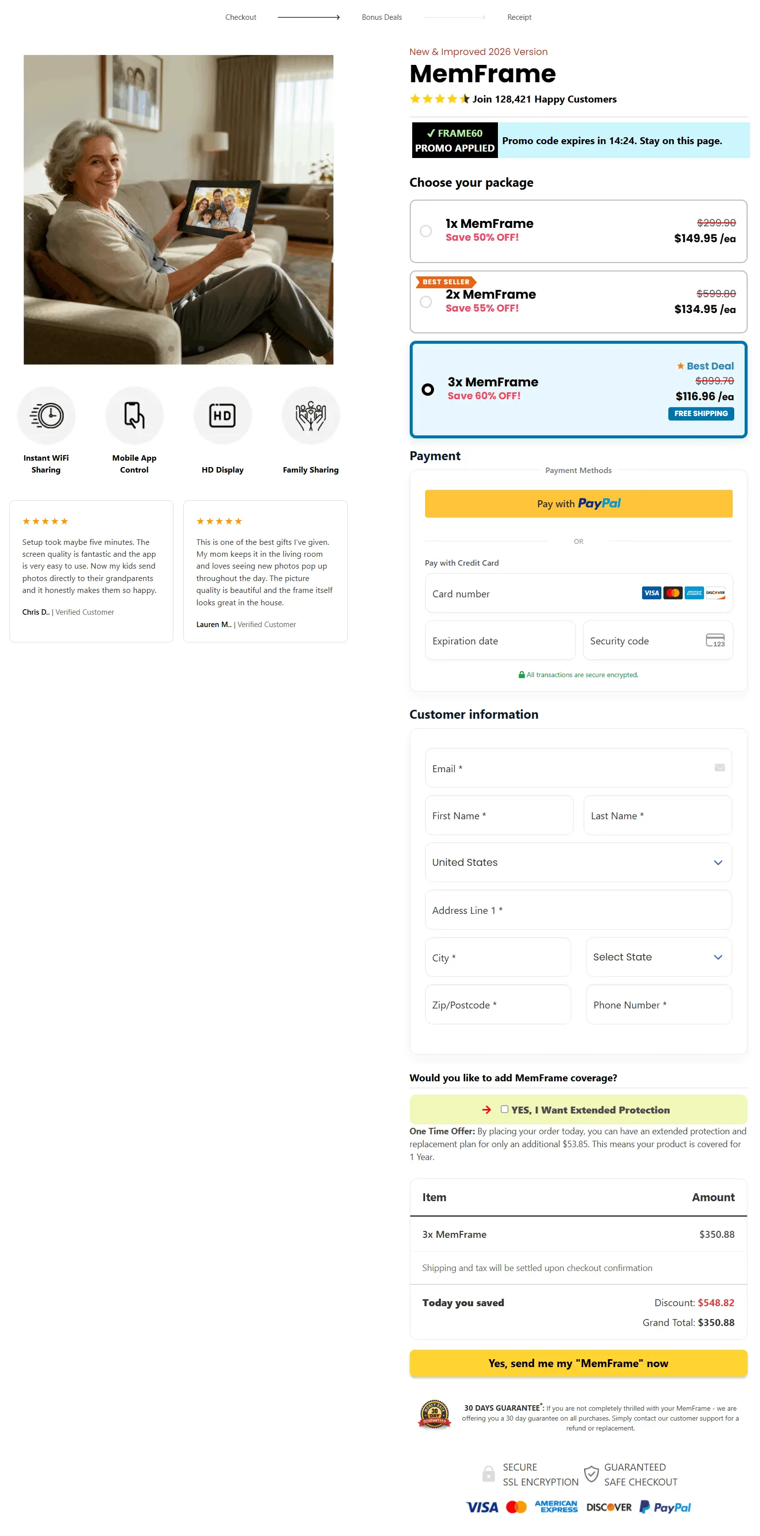 Memframe secure checkout page